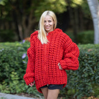 Extra Chunky Red Mohair Cardigan – 25-Strand Hand Knitted Wool Blend Coat T1241