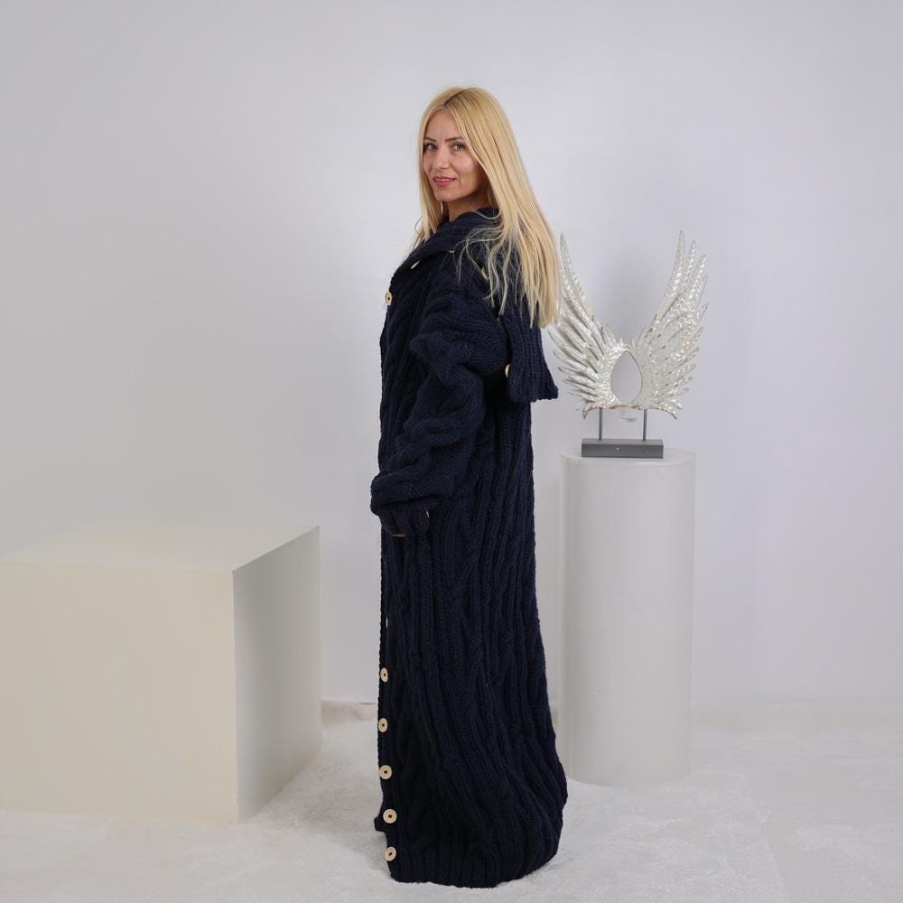 Extra Long Cable Cardigan – Hand Knitted Yak Wool Coat with 50 cm Turtleneck T1919