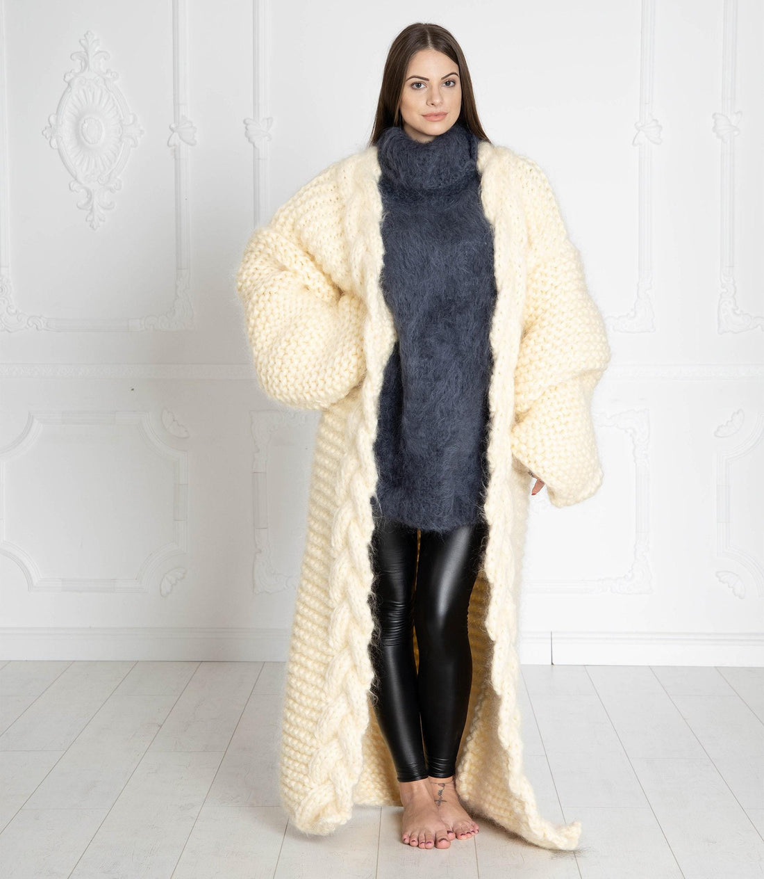 Cream Mohair Cardigan – Hand Knitted Long Oversized Chunky Coat T639W