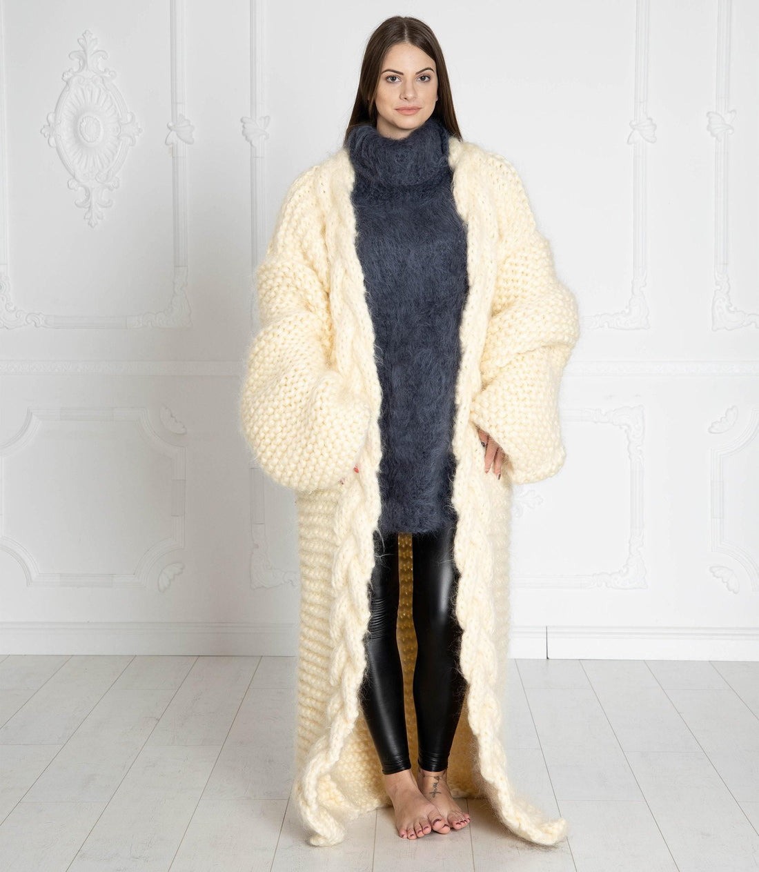 Cream Mohair Cardigan – Hand Knitted Long Oversized Chunky Coat T639W
