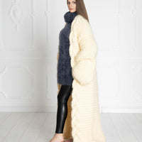 Cream Mohair Cardigan – Hand Knitted Long Oversized Chunky Coat T639W