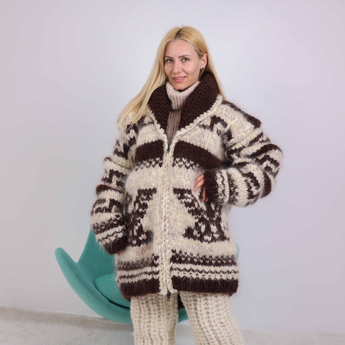 Chunky Mohair Cardigan – 10-Strand Hand Knitted Zip Jacket T1875