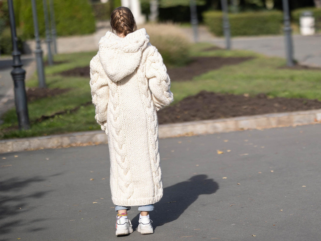 Cream Wool Cardigan – Hand Knitted Cable Knit Sweater T1288