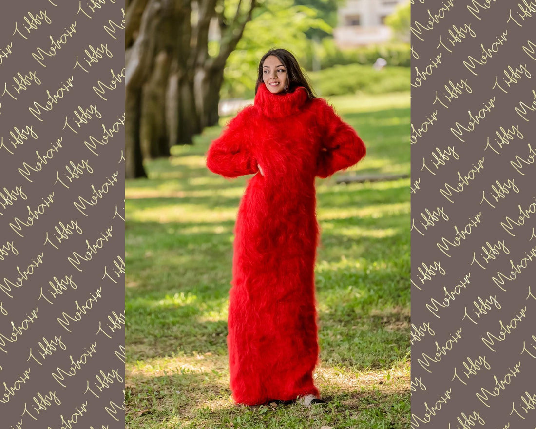 Hand Knitted Mohair Sweater Dress, Fluffy Ribbed Turtleneck Pullover with Mittens T333