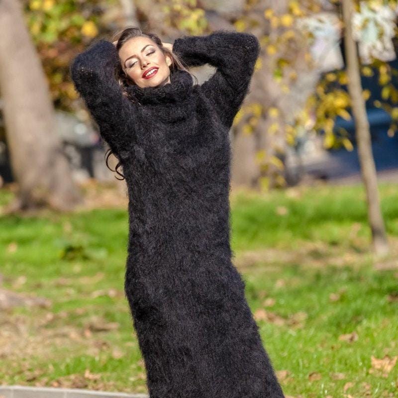 Black Mohair Sweater Dress, Hand Knitted Chunky Fluffy Turtleneck Maxi Dress T391