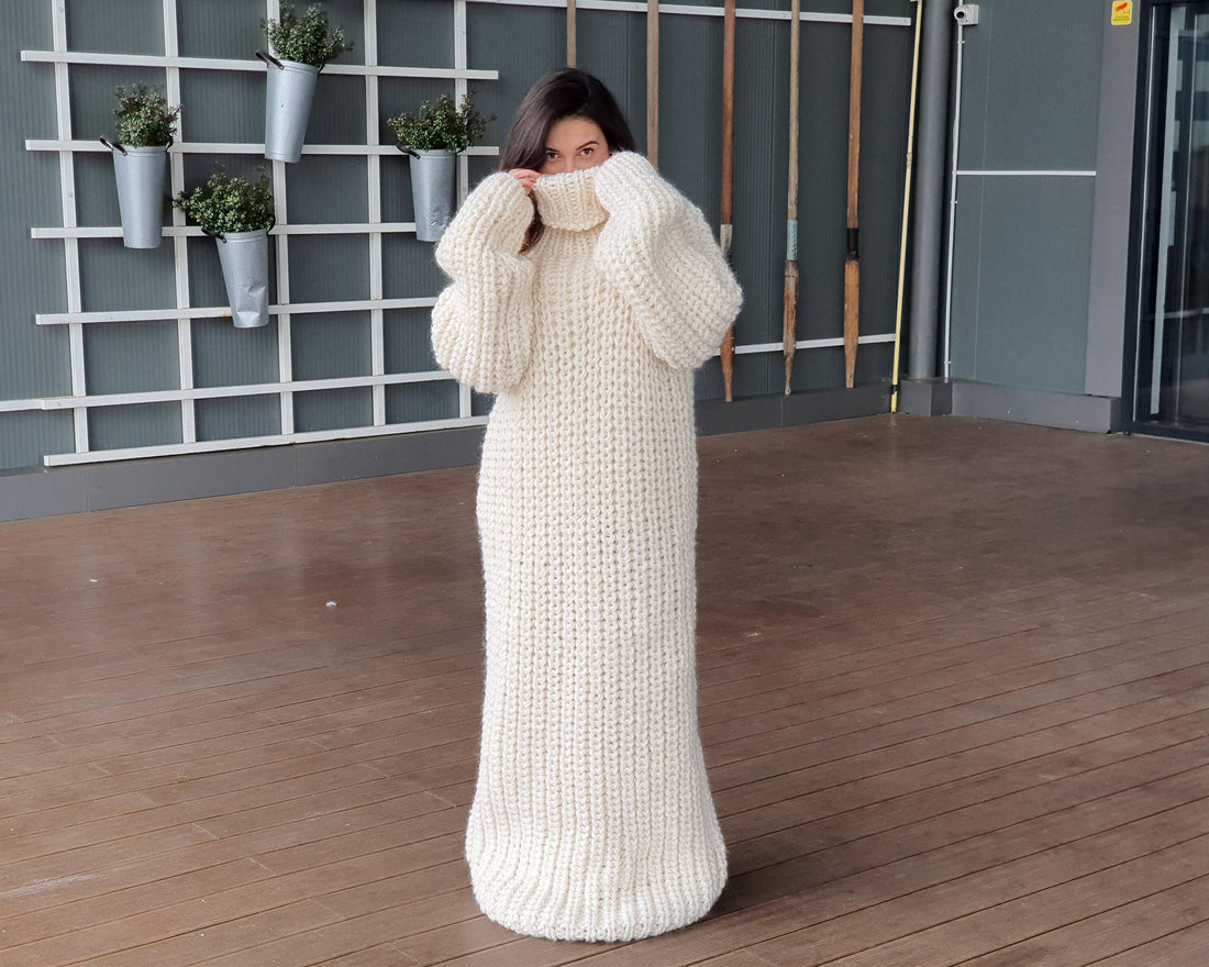 Extra Chunky Wool Sweater Dress, Hand Knitted English Rib Turtleneck Maxi Dress T934