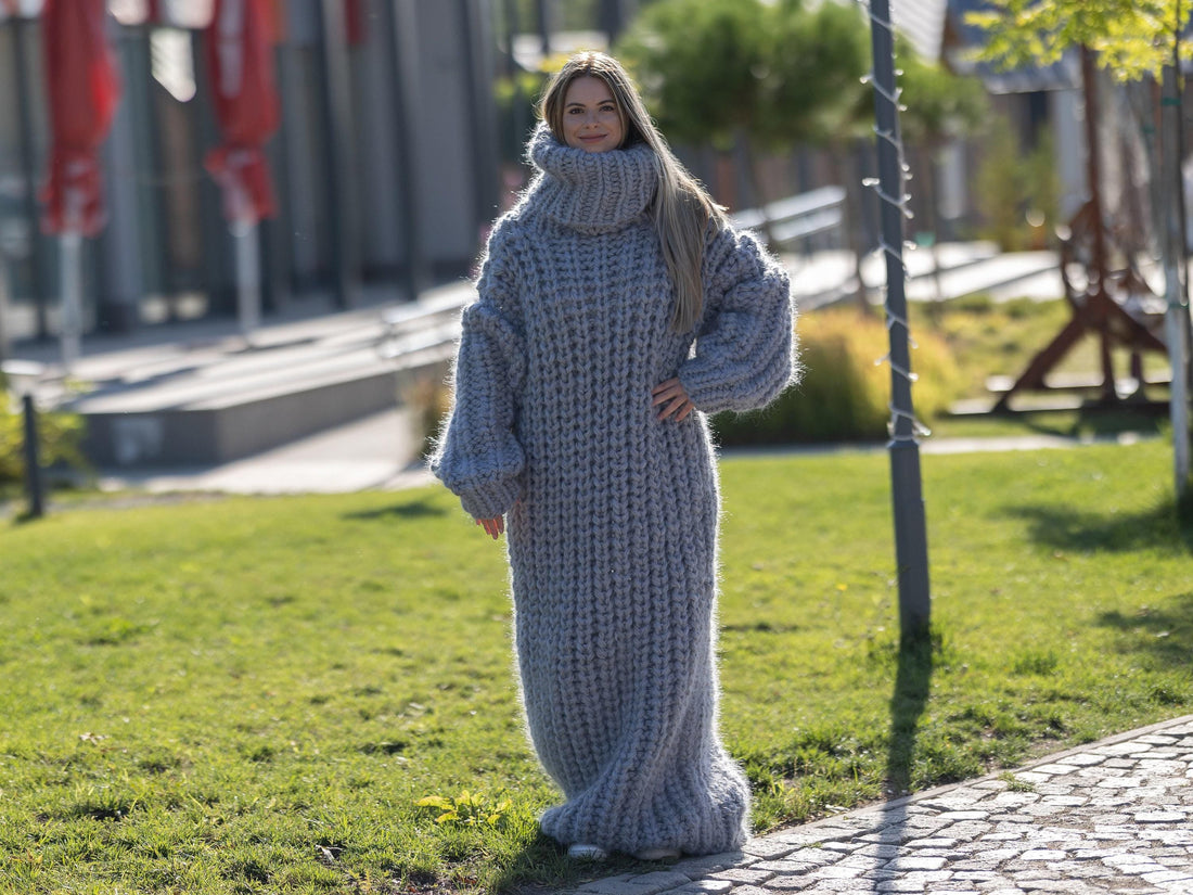 8 Strands Mohair Wool Dress, Hand Knitted Chunky Gray Sweater Dress T1265