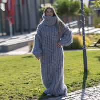 8 Strands Mohair Wool Dress, Hand Knitted Chunky Gray Sweater Dress T1265