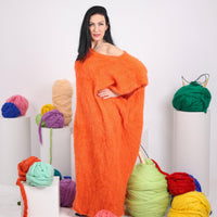Extra Wide Orange Alpaca Dress, Hand Knitted Fluffy Sleeveless Fuzzy Maxi Dress T1611