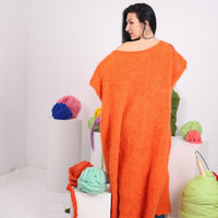 Extra Wide Orange Alpaca Dress, Hand Knitted Fluffy Sleeveless Fuzzy Maxi Dress T1611