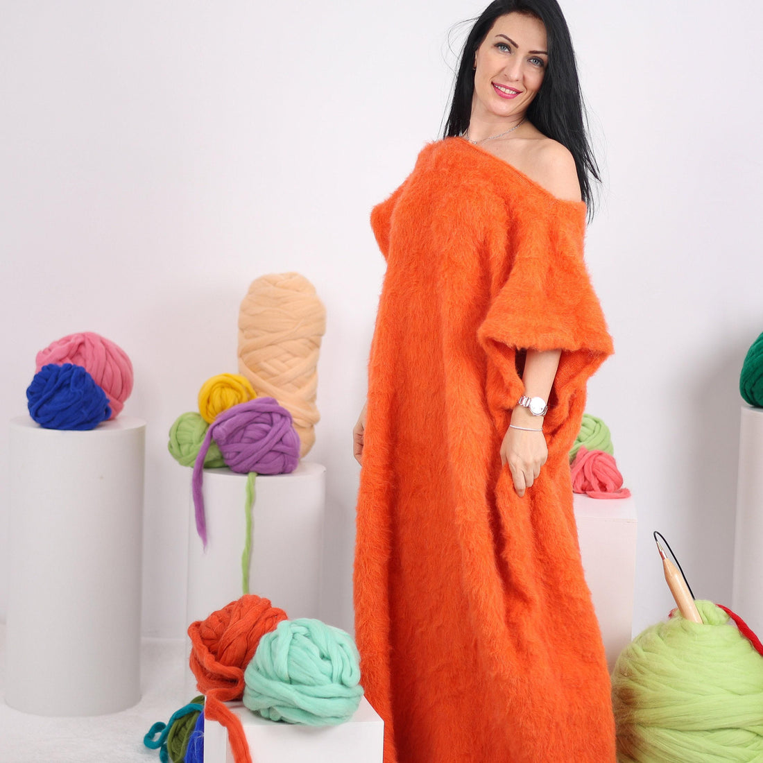 Extra Wide Orange Alpaca Dress, Hand Knitted Fluffy Sleeveless Fuzzy Maxi Dress T1611
