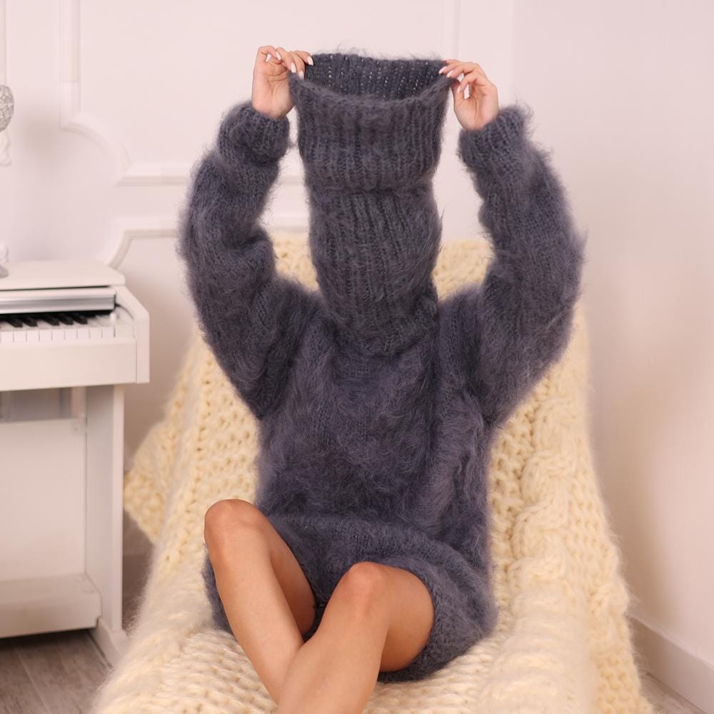 Brushed Mohair Bodysuit – Fluffy Hand-Knitted One-Piece with 70 cm Extra Long Turtleneck  T1982