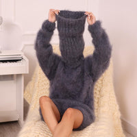 Brushed Mohair Bodysuit – Fluffy Hand-Knitted One-Piece with 70 cm Extra Long Turtleneck  T1982