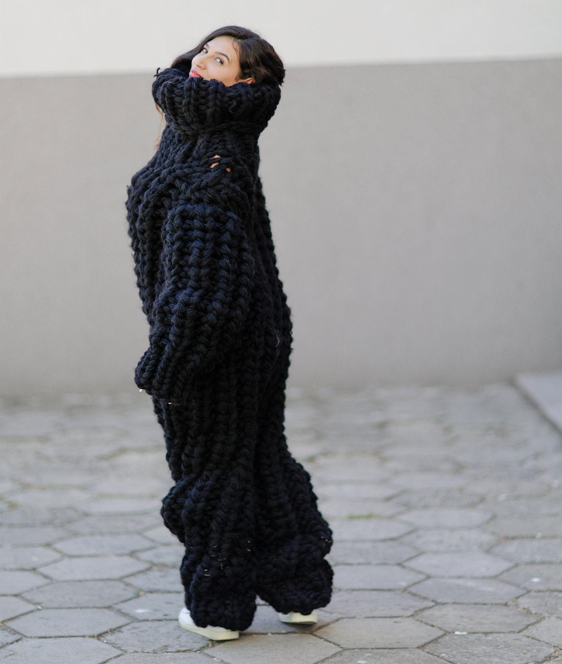 Wool Catsuit – 16-Strand Hand-Knitted Chunky 100% Wool Bodysuit with Turtleneck in English Rib – T1054