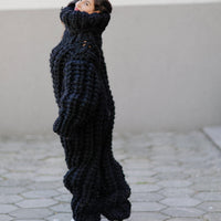 Wool Catsuit – 16-Strand Hand-Knitted Chunky 100% Wool Bodysuit with Turtleneck in English Rib – T1054
