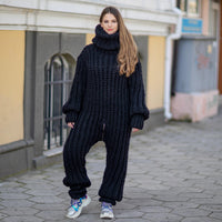 Wool Catsuit 100% – Hand-Knitted English Rib Full Body Suit with Extra Long Turtleneck – T1020
