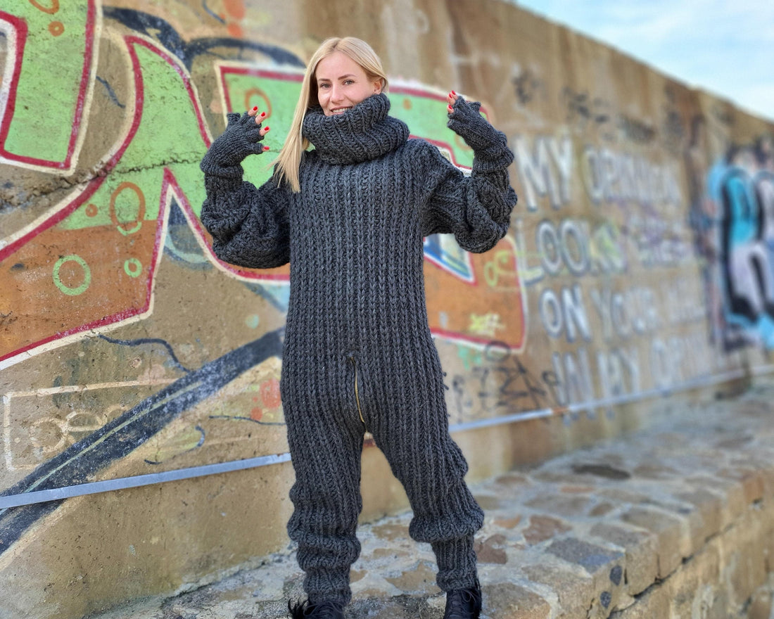 Hand-Knitted Wool Catsuit – English Rib, Extra Long Turtleneck T910