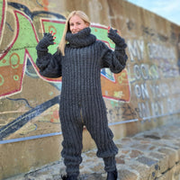 Hand-Knitted Wool Catsuit – English Rib, Extra Long Turtleneck T910