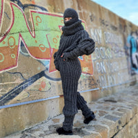 Hand-Knitted Wool Catsuit – English Rib, Extra Long Turtleneck T910