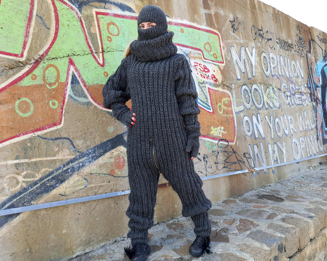 Hand-Knitted Wool Catsuit – English Rib, Extra Long Turtleneck T910