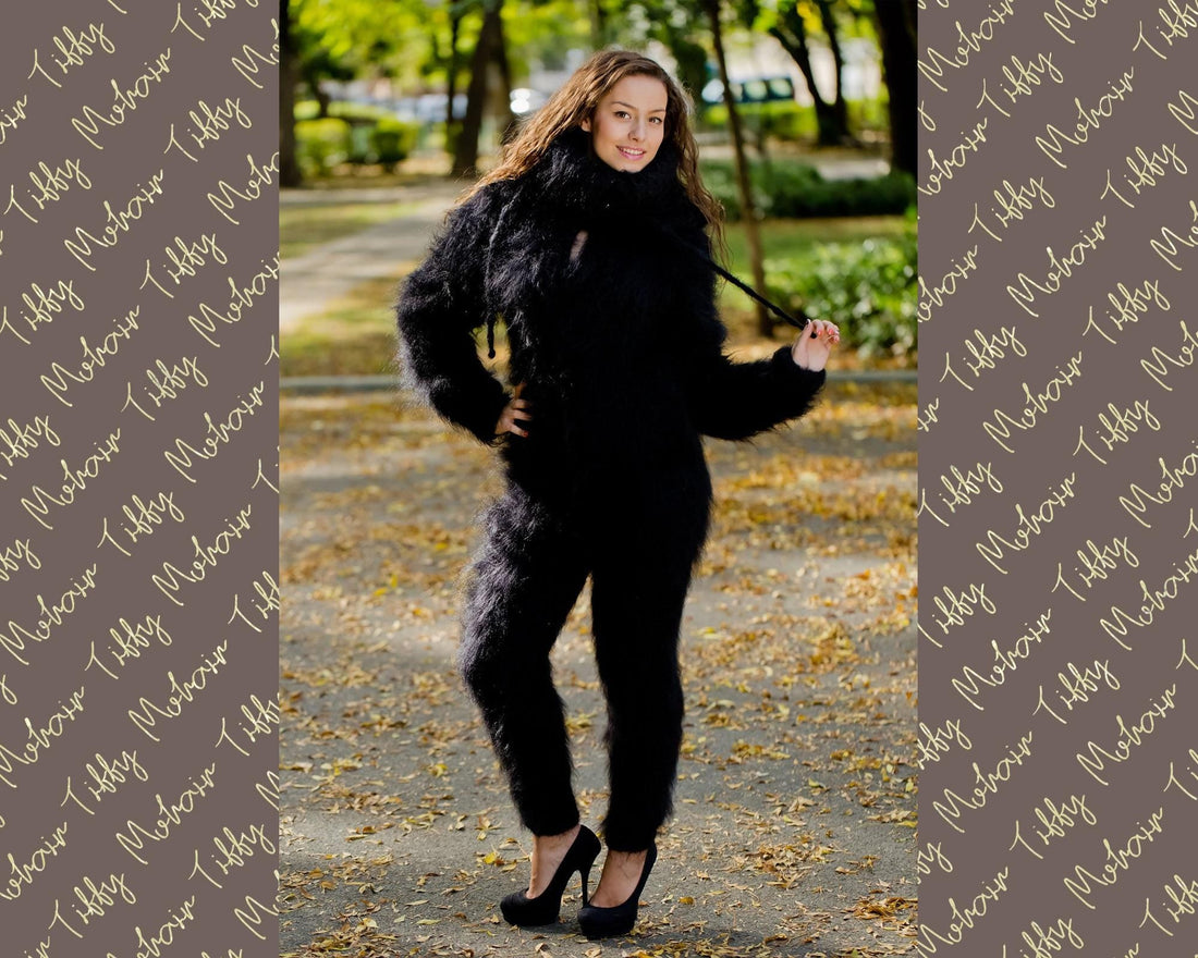 Black Mohair Catsuit – Chunky Hand-Knitted Hooded Full Body Jumpsuit – Fluffy One-Piece Suit – T170