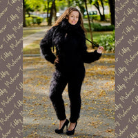 Black Mohair Catsuit – Chunky Hand-Knitted Hooded Full Body Jumpsuit – Fluffy One-Piece Suit – T170