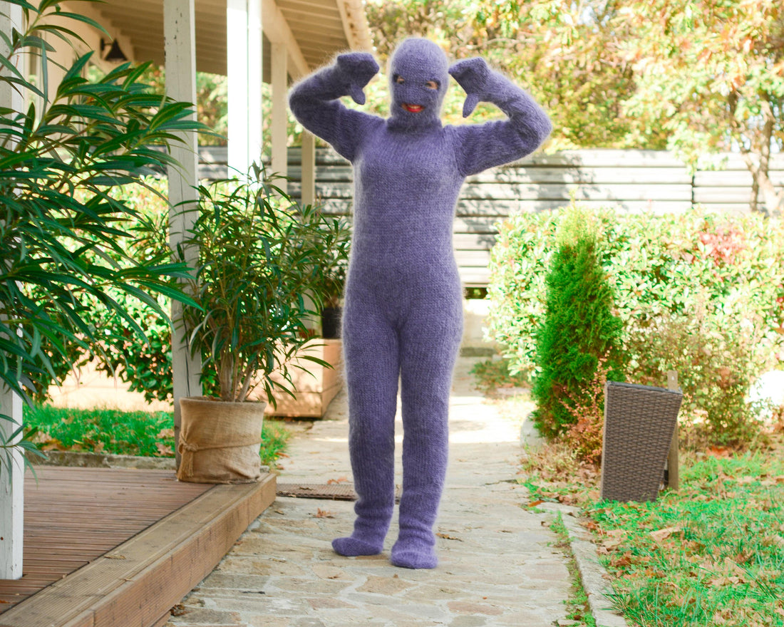 Gray Mohair Catsuit – Fluffy Hand-Knitted Full Set with Balaclava, Mittens and Socks T679