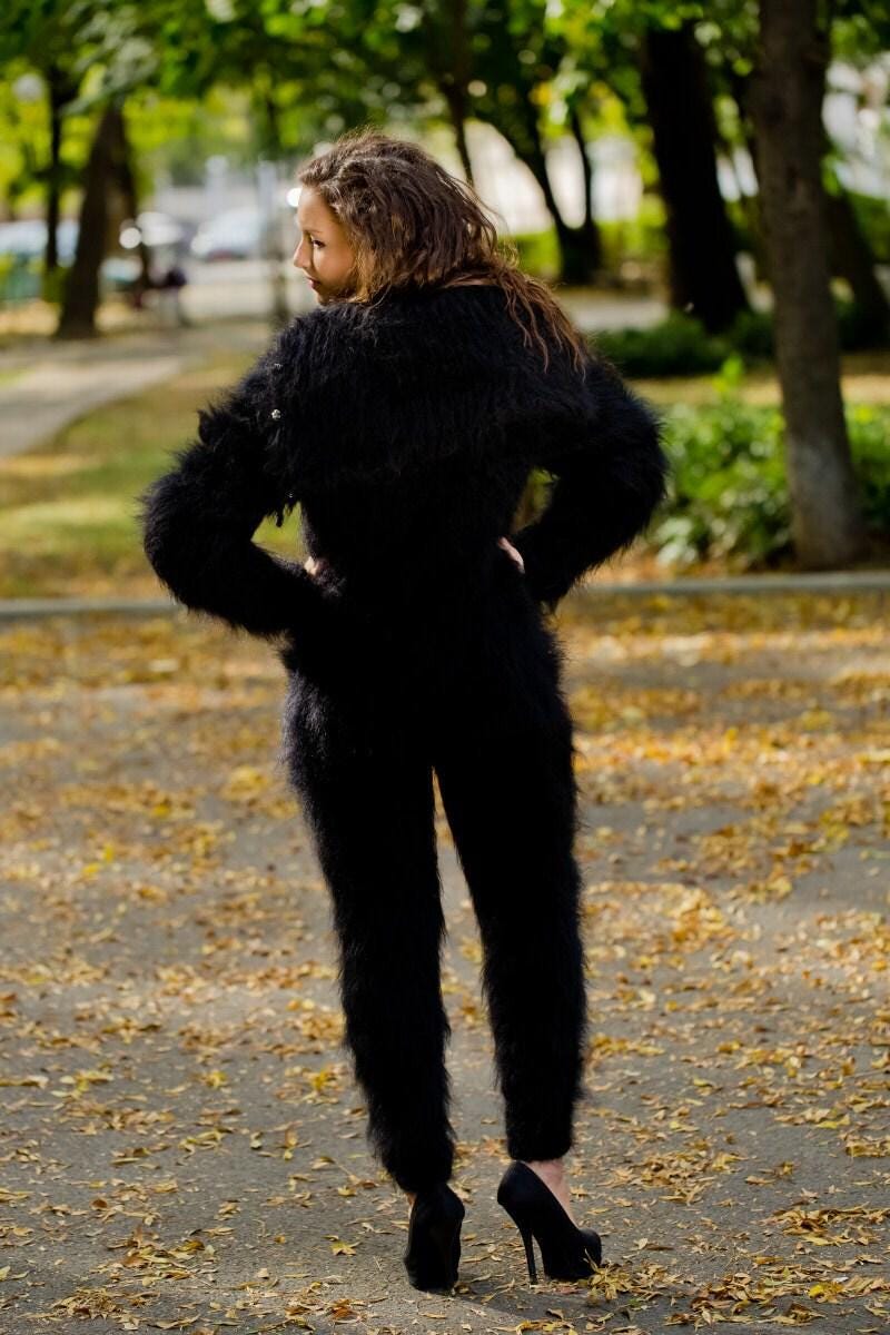 Black Mohair Catsuit – Chunky Hand-Knitted Hooded Full Body Jumpsuit – Fluffy One-Piece Suit – T170