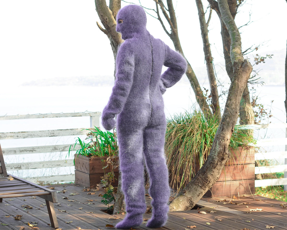 Gray Mohair Catsuit – Fluffy Hand-Knitted Full Set with Balaclava, Mittens and Socks T679