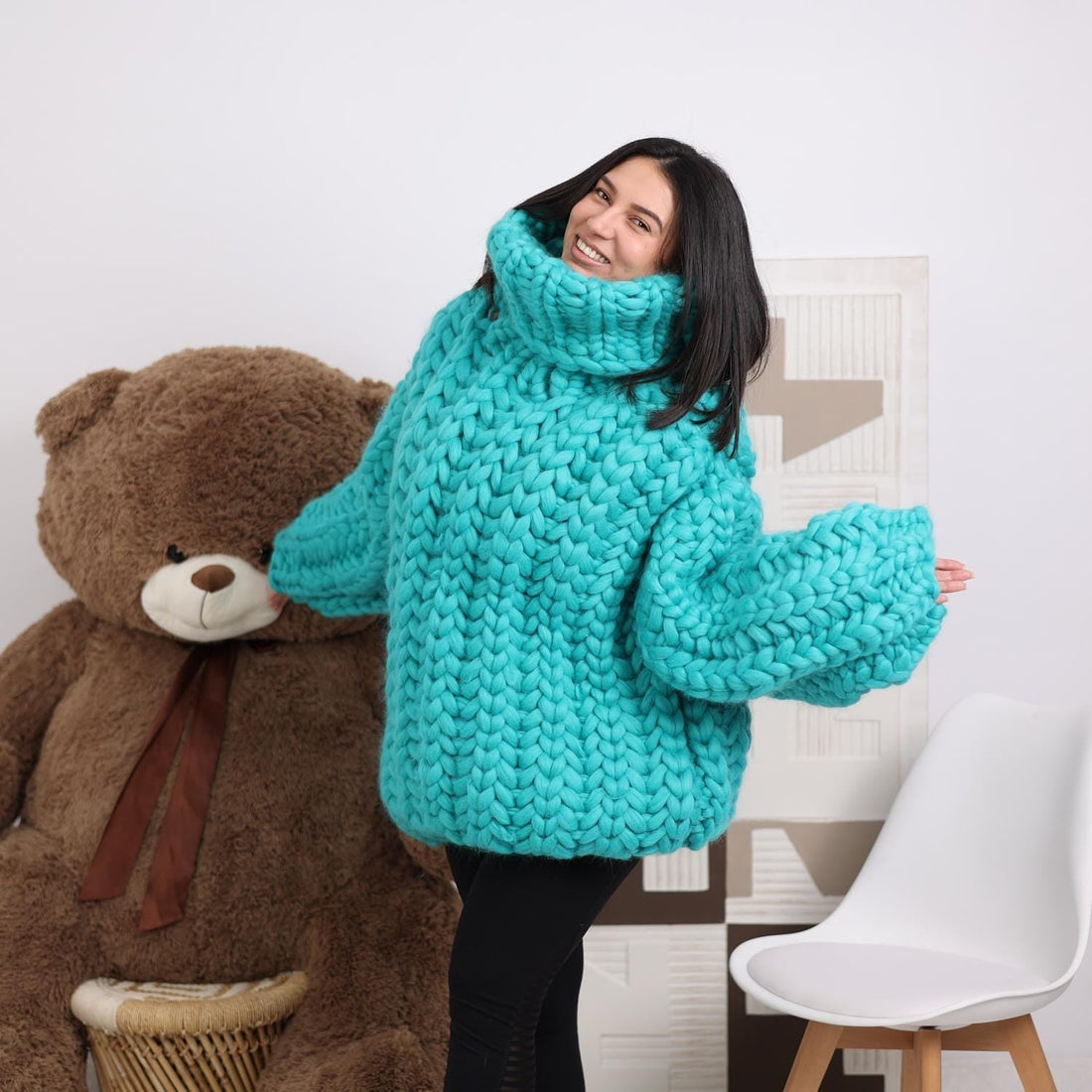 Merino Wool Sweater with 50 cm Turtleneck, Hand Knitted Chunky English Rib Pullover T1848
