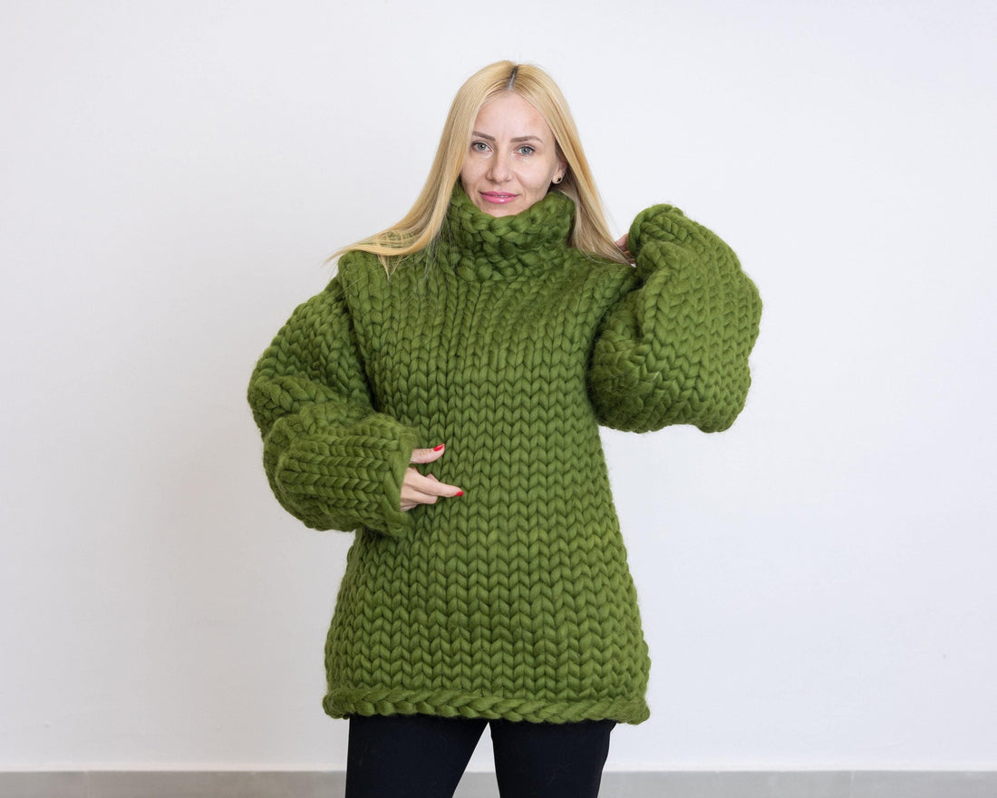 Green Merino Wool Sweater, Hand Knitted Super Chunky Giant Pullover T1521