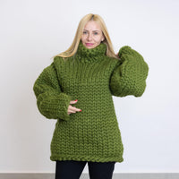 Green Merino Wool Sweater, Hand Knitted Super Chunky Giant Pullover T1521