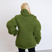 Green Merino Wool Sweater, Hand Knitted Super Chunky Giant Pullover T1521