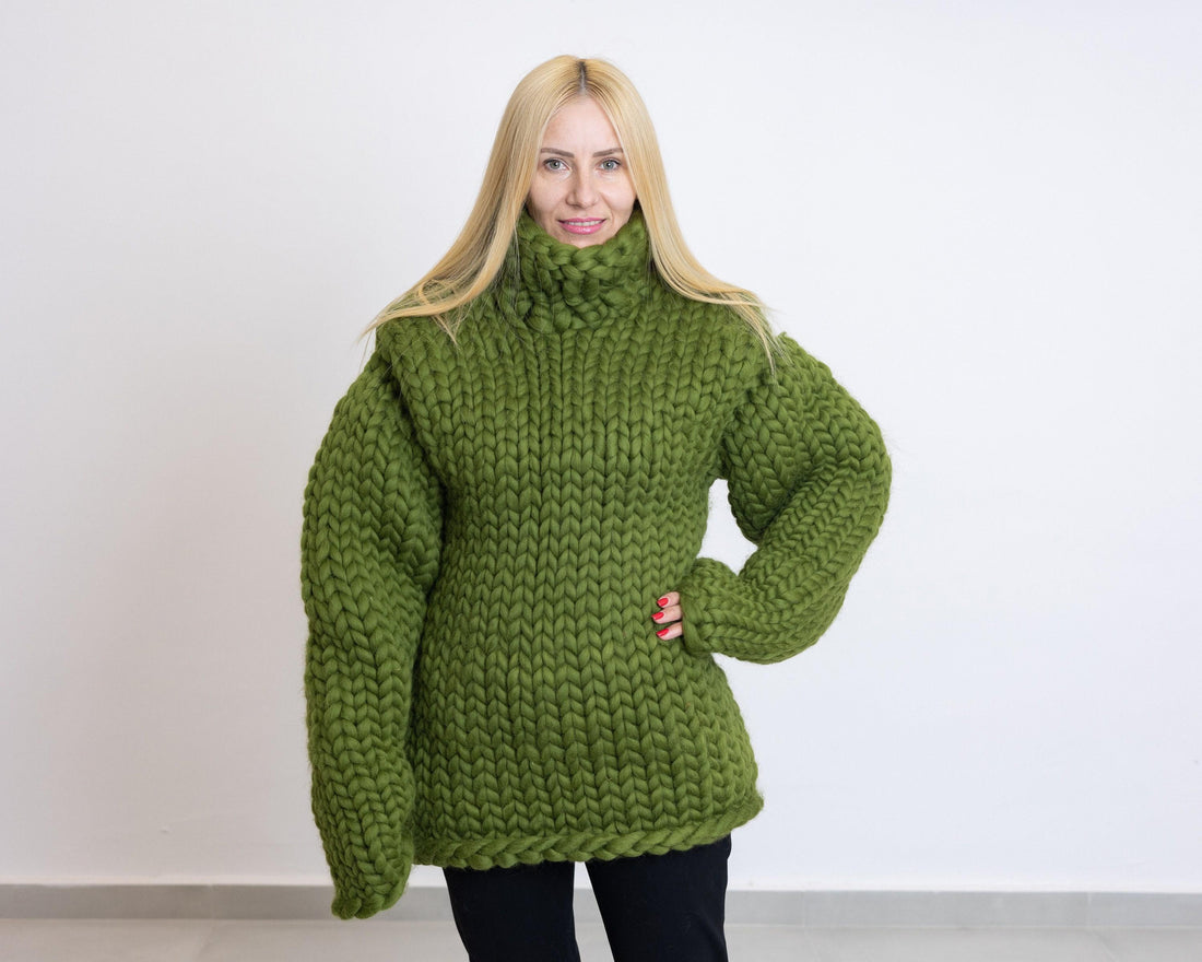 Green Merino Wool Sweater, Hand Knitted Super Chunky Giant Pullover T1521