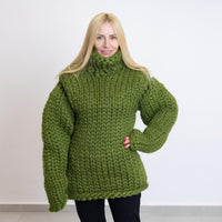 Green Merino Wool Sweater, Hand Knitted Super Chunky Giant Pullover T1521