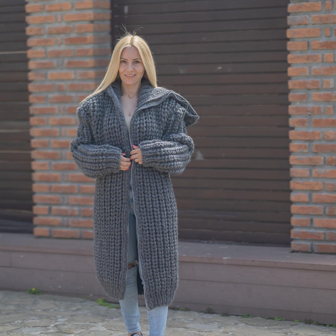 Chunky Wool Cardigan – Hand Knitted English Rib Zip Coat with 50 cm Turtleneck T1869