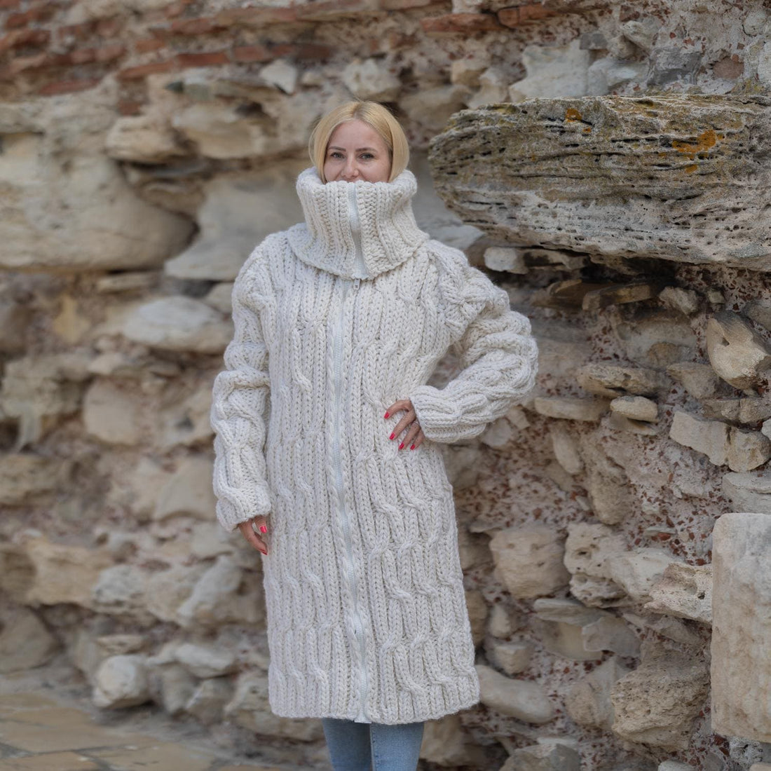 One available in size 6XL, Chunky Cable Knit Wool Cardigan , Long 50cm Turtleneck T1868