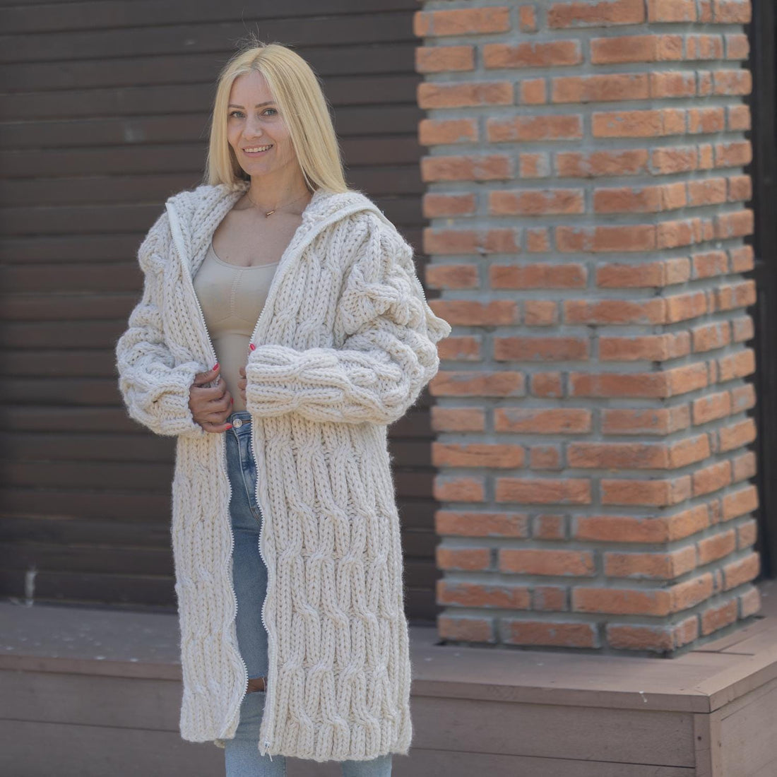 One available in size 6XL, Chunky Cable Knit Wool Cardigan , Long 50cm Turtleneck T1868