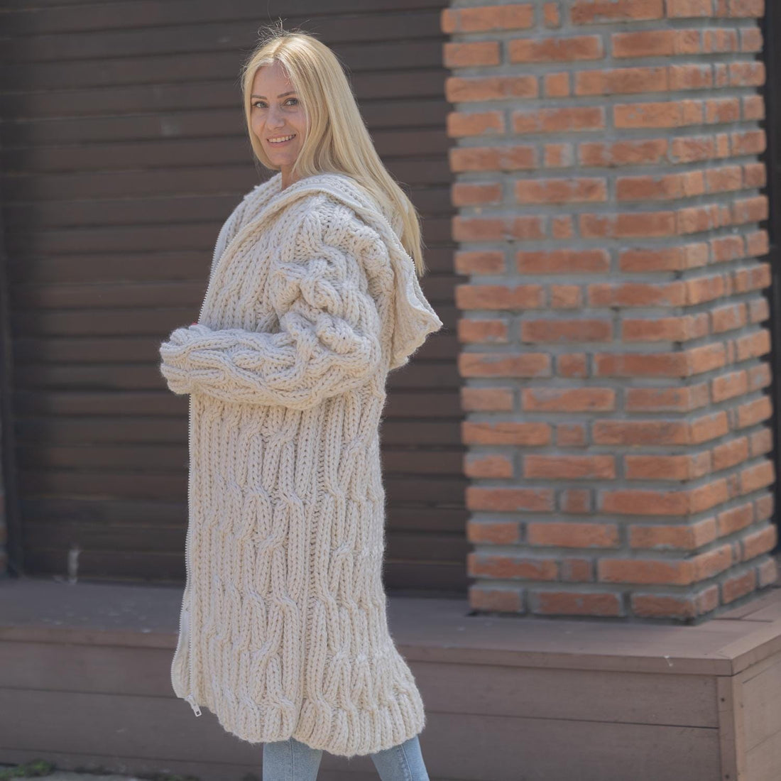 One available in size 6XL, Chunky Cable Knit Wool Cardigan , Long 50cm Turtleneck T1868