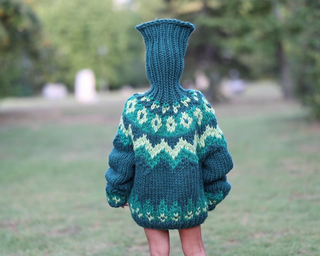 Super Chunky Nordic Wool Sweater with Extra Long Neck, Hand Knitted Icelandic Pullover T1463