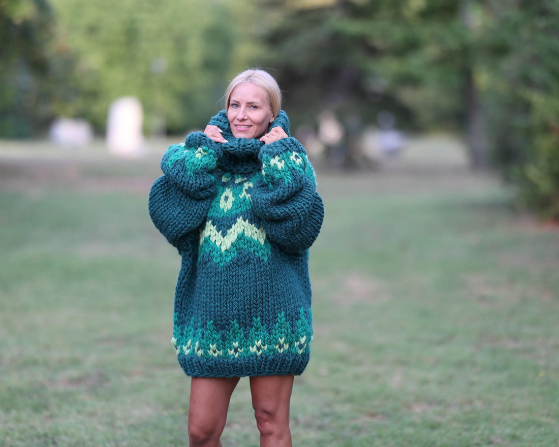 Super Chunky Nordic Wool Sweater with Extra Long Neck, Hand Knitted Icelandic Pullover T1463