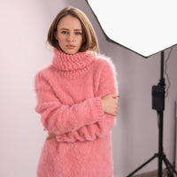 Pink Baby Suri Alpaca Sweater, Fluffy Merino Turtleneck, Hand Knitted Soft Wool Jumper T2044