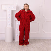 Red Wool Catsuit, Hand Knitted Chunky Cable Knit Jumpsuit with Hooded Turtleneck T2048