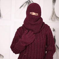 Burgundy Wool Balaclava, Hand Knitted 100 Percent Wool Hood with Open Eyes T2053