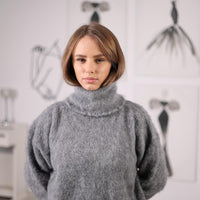 Grey Alpaca Turtleneck Sweater Fluffy Handknitted Long-Sleeve Knit Pullover T2066