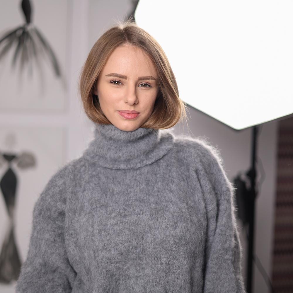 Grey Alpaca Turtleneck Sweater Fluffy Handknitted Long-Sleeve Knit Pullover T2066