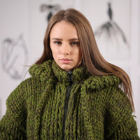 Chunky Hooded Cardigan Wool Alpaca Mix Hand knitted Zip Front Knit T2071