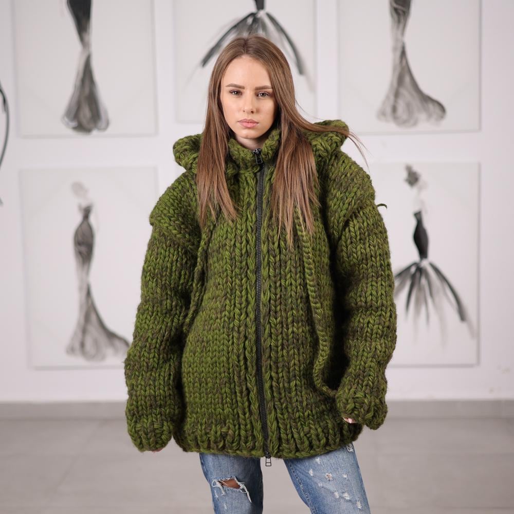 Chunky Hooded Cardigan Wool Alpaca Mix Hand knitted Zip Front Knit T2071