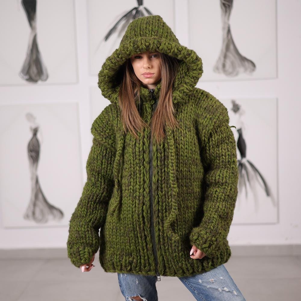 Chunky Hooded Cardigan Wool Alpaca Mix Hand knitted Zip Front Knit T2071