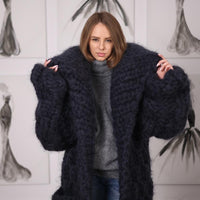 25-Strand Mohair Cardigan with Oversized Collar and Honeycomb Knit Coat T2073